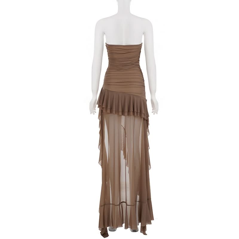 Fall Elegance: Mocha Ruched Mesh Ruffle Maxi Dress | Strapless & Event Ready