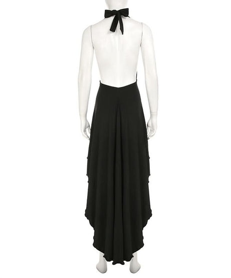 Effortless Elegance: Black Halter High-Low Dress with Sculpted Buckle – Fall & Holiday Ready
