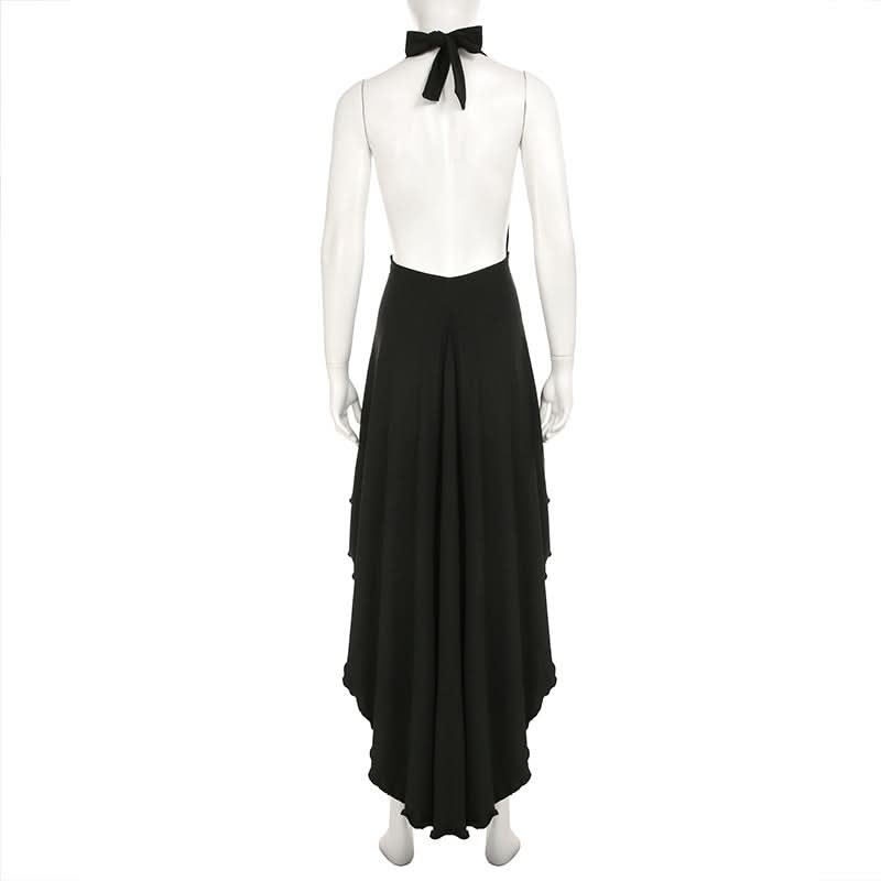 Effortless Elegance: Black Halter High-Low Dress with Sculpted Buckle – Fall & Holiday Ready