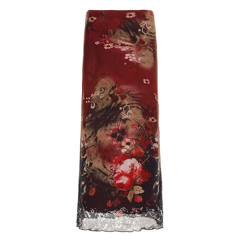 Vintage Bloom Mesh Maxi Skirt - Elegant Fall Floral Style