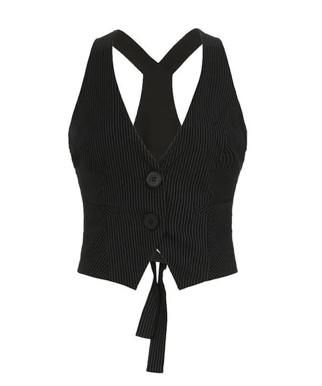 Chic Pinstripe Halter Vest Top - Cropped & Tailored for Fall Power Dressing