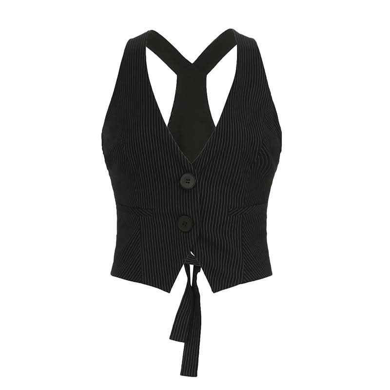 Chic Pinstripe Halter Vest Top - Cropped & Tailored for Fall Power Dressing