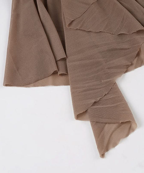 Fall Elegance: Mocha Ruched Mesh Ruffle Maxi Dress | Strapless & Event Ready