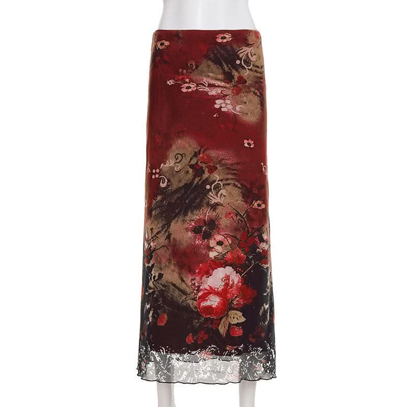Vintage Bloom Mesh Maxi Skirt - Elegant Fall Floral Style