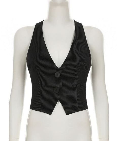 Chic Pinstripe Halter Vest Top - Cropped & Tailored for Fall Power Dressing