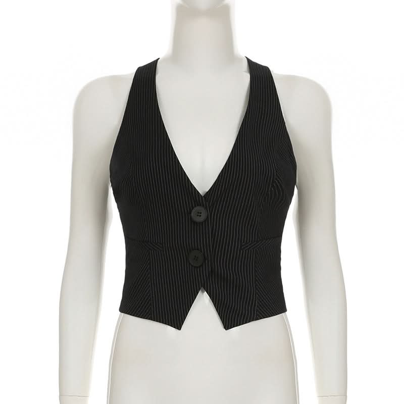 Chic Pinstripe Halter Vest Top - Cropped & Tailored for Fall Power Dressing