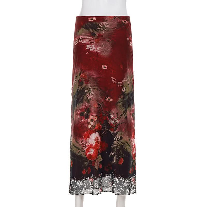 Vintage Bloom Mesh Maxi Skirt - Elegant Fall Floral Style