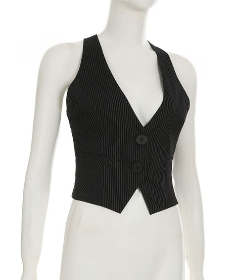 Chic Pinstripe Halter Vest Top - Cropped & Tailored for Fall Power Dressing