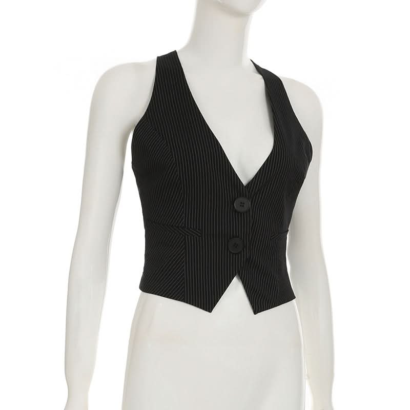 Chic Pinstripe Halter Vest Top - Cropped & Tailored for Fall Power Dressing