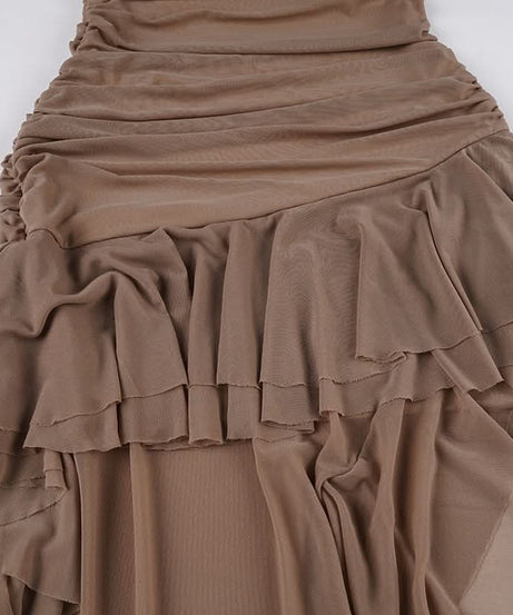 Fall Elegance: Mocha Ruched Mesh Ruffle Maxi Dress | Strapless & Event Ready
