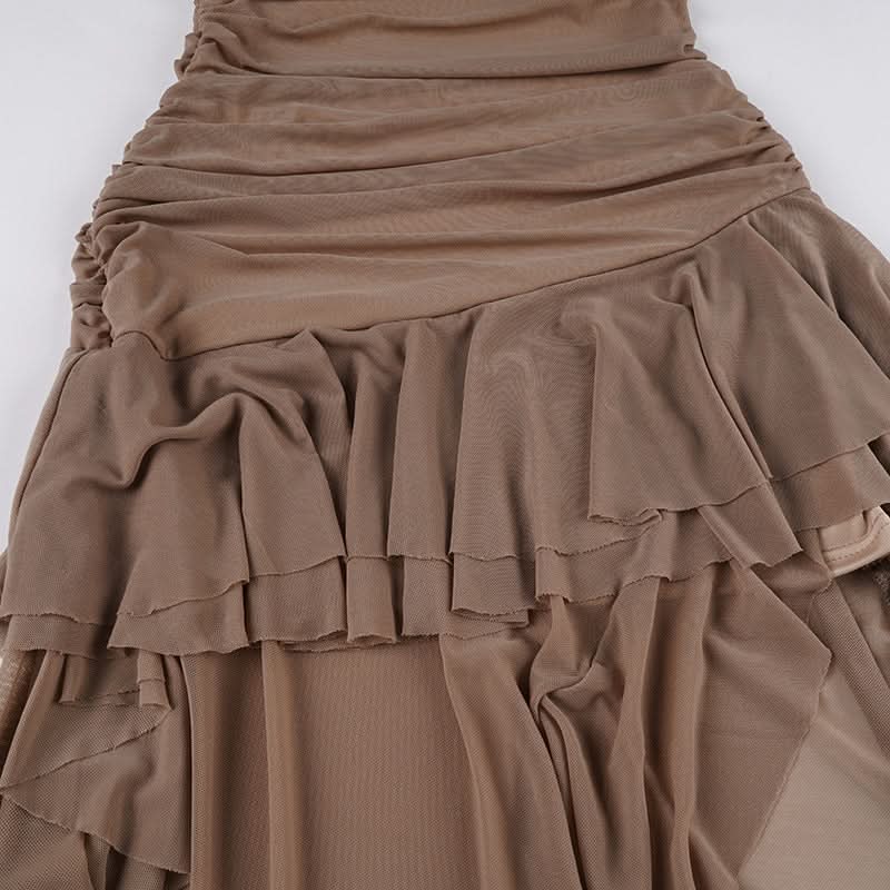 Fall Elegance: Mocha Ruched Mesh Ruffle Maxi Dress | Strapless & Event Ready