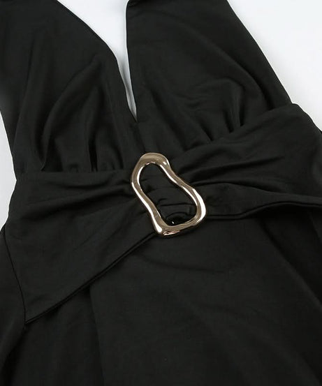 Effortless Elegance: Black Halter High-Low Dress with Sculpted Buckle – Fall & Holiday Ready