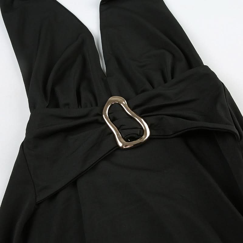 Effortless Elegance: Black Halter High-Low Dress with Sculpted Buckle – Fall & Holiday Ready