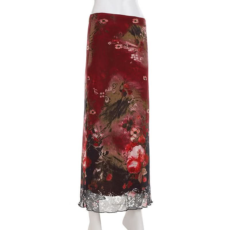 Vintage Bloom Mesh Maxi Skirt - Elegant Fall Floral Style