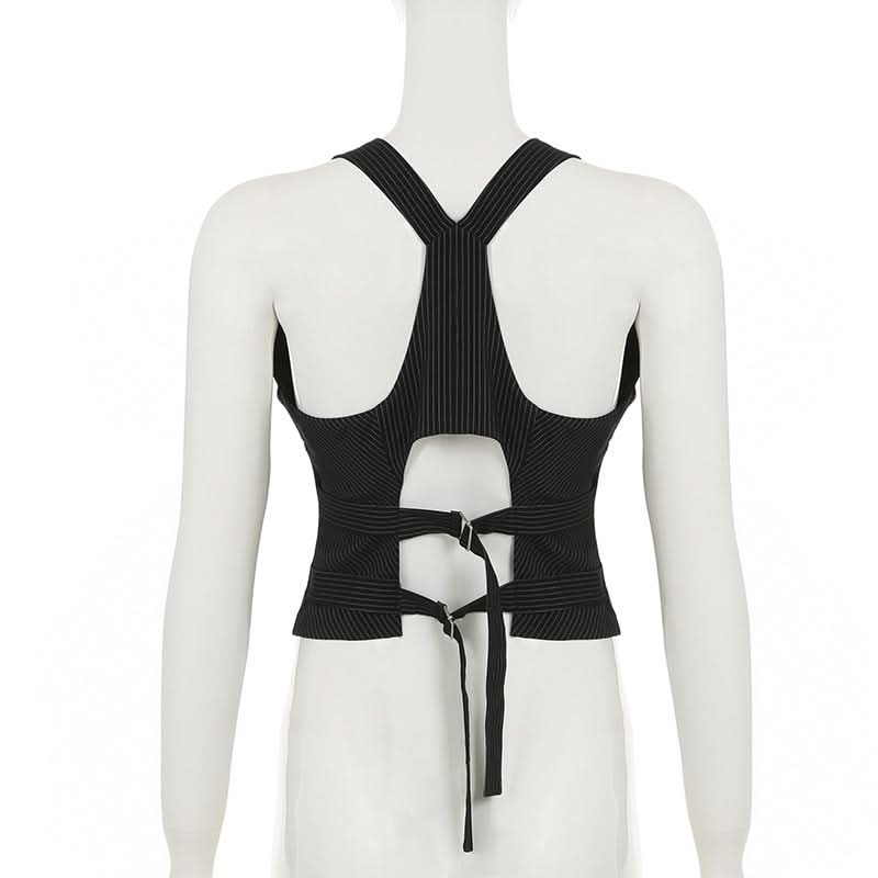 Chic Pinstripe Halter Vest Top - Cropped & Tailored for Fall Power Dressing