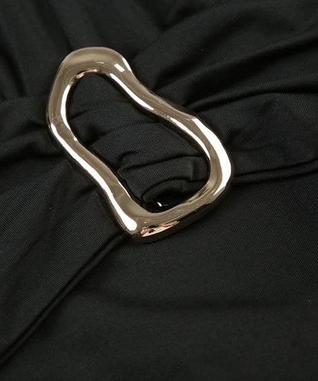 Effortless Elegance: Black Halter High-Low Dress with Sculpted Buckle – Fall & Holiday Ready