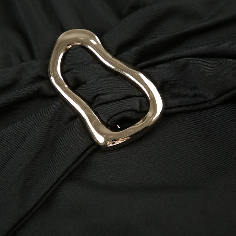 Effortless Elegance: Black Halter High-Low Dress with Sculpted Buckle – Fall & Holiday Ready