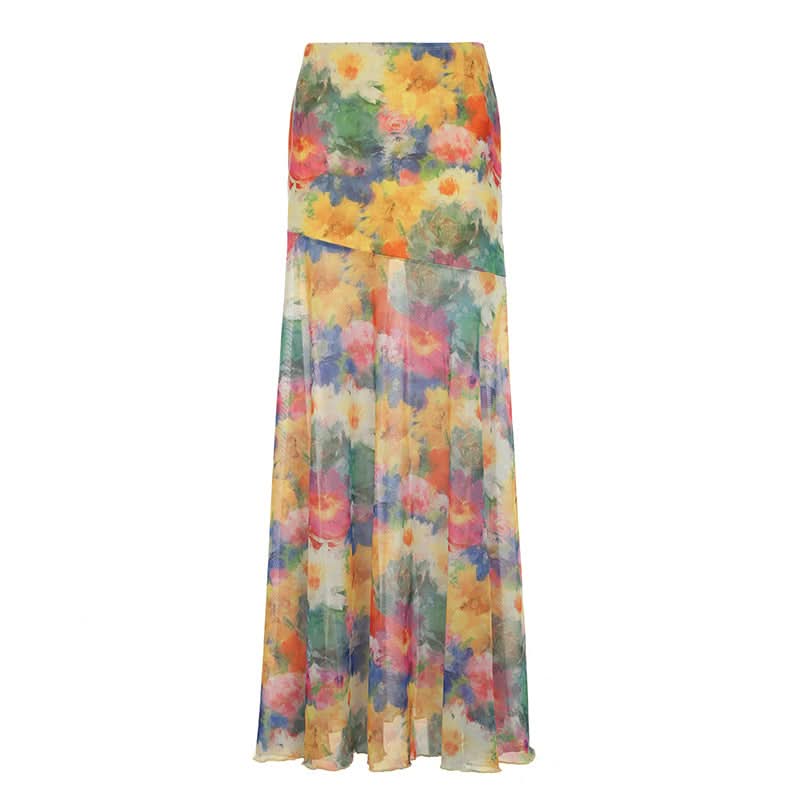 Vibrant Floral Mesh Maxi Skirt - Flowy Boho Chic for Fall & Resort Escapes