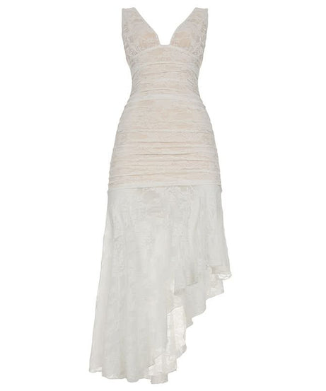 Elegant Ivory Lace Ruched High-Low Midi Dress – Bridal & Resort Chic