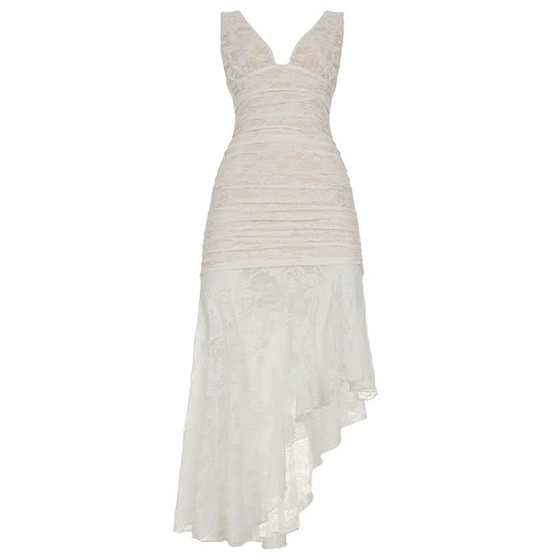 Elegant Ivory Lace Ruched High-Low Midi Dress – Bridal & Resort Chic