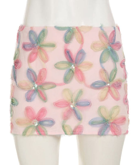 Whimsical Dream Pastel Floral Sequin Mini Skirt - Perfect for Fall Parties & Beyond
