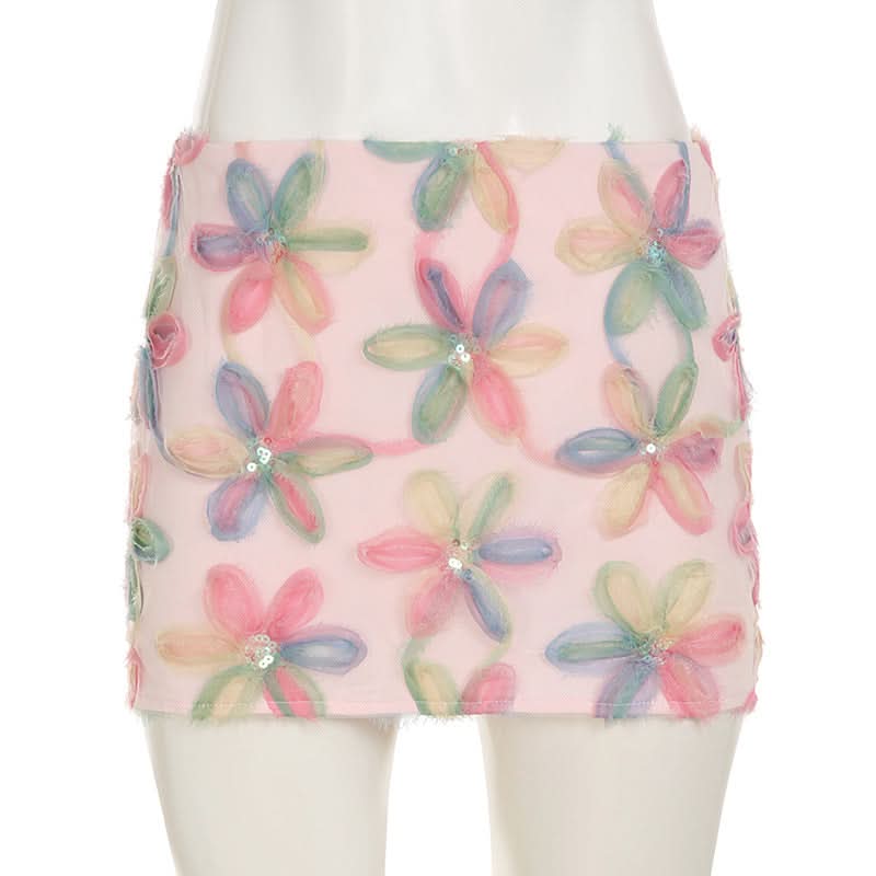 Whimsical Dream Pastel Floral Sequin Mini Skirt - Perfect for Fall Parties & Beyond
