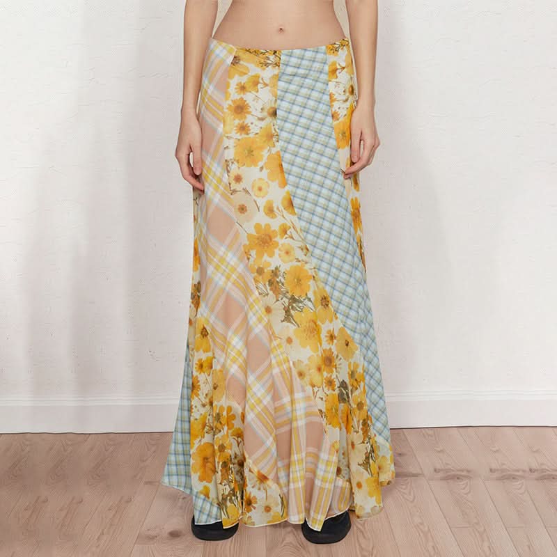 Vibrant Patchwork Maxi Skirt | Sunny Floral, Plaid & Stripes Boho Style