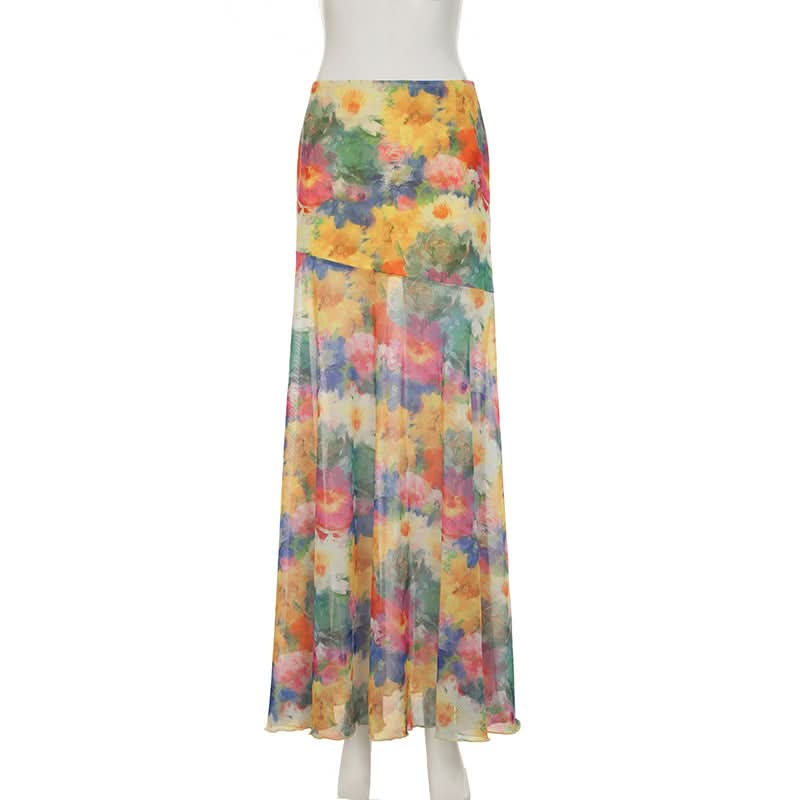 Vibrant Floral Mesh Maxi Skirt - Flowy Boho Chic for Fall & Resort Escapes