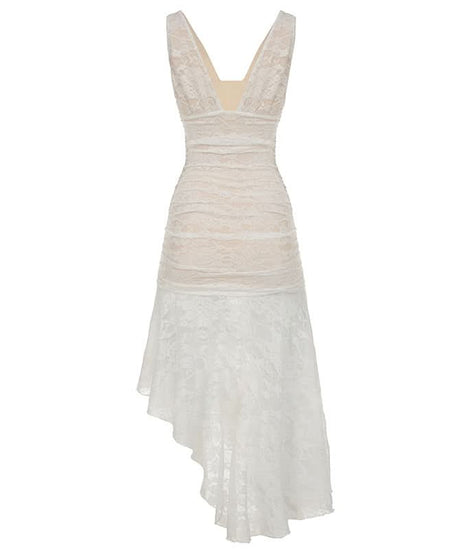 Elegant Ivory Lace Ruched High-Low Midi Dress – Bridal & Resort Chic