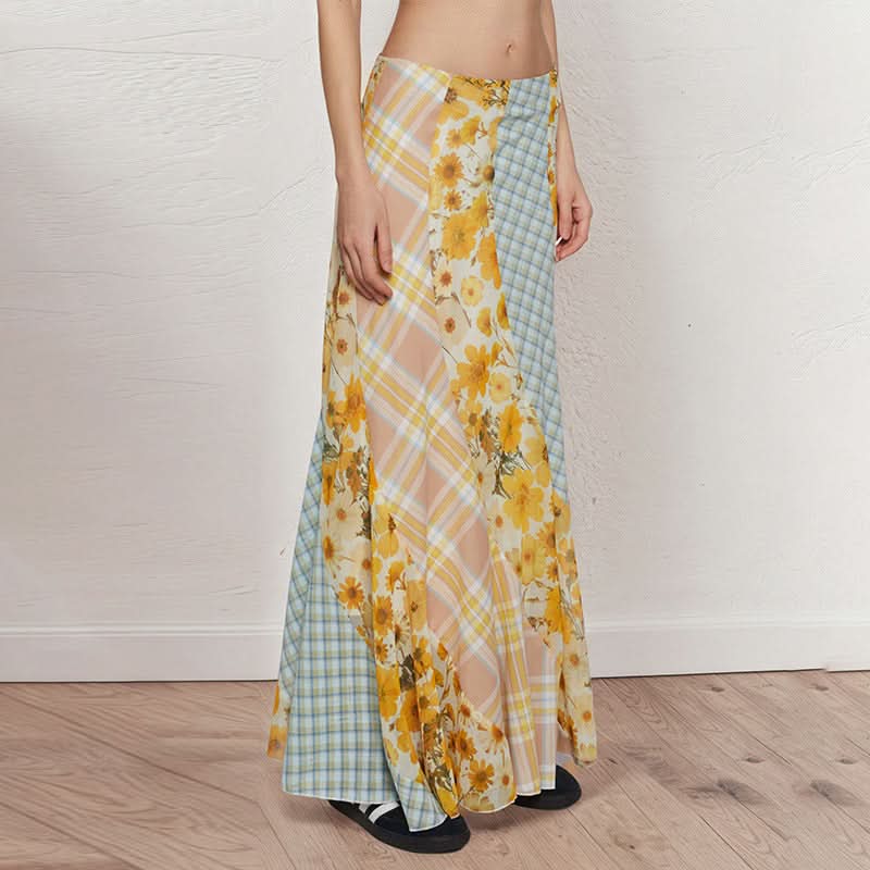 Vibrant Patchwork Maxi Skirt | Sunny Floral, Plaid & Stripes Boho Style