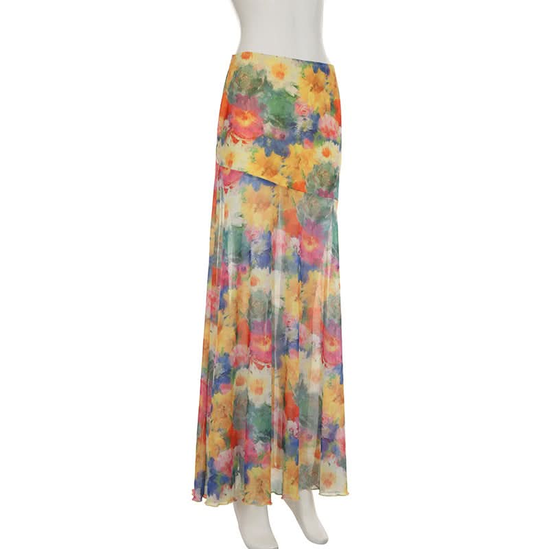 Vibrant Floral Mesh Maxi Skirt - Flowy Boho Chic for Fall & Resort Escapes