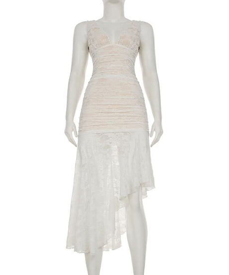 Elegant Ivory Lace Ruched High-Low Midi Dress – Bridal & Resort Chic