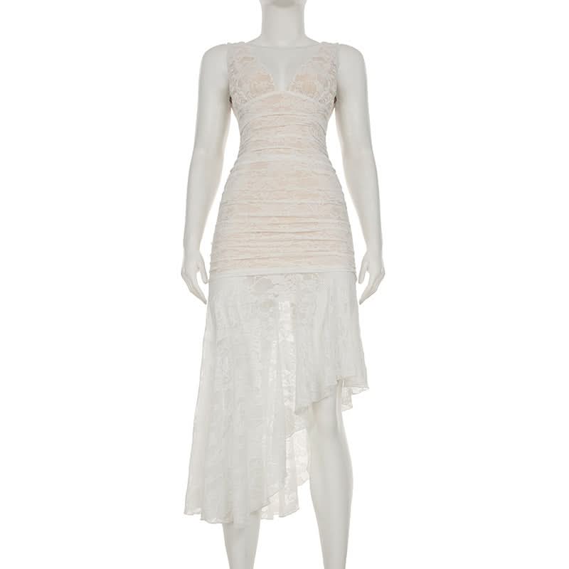 Elegant Ivory Lace Ruched High-Low Midi Dress – Bridal & Resort Chic