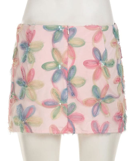 Whimsical Dream Pastel Floral Sequin Mini Skirt - Perfect for Fall Parties & Beyond