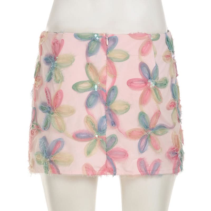 Whimsical Dream Pastel Floral Sequin Mini Skirt - Perfect for Fall Parties & Beyond