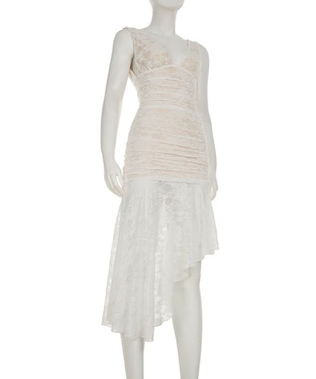 Elegant Ivory Lace Ruched High-Low Midi Dress – Bridal & Resort Chic