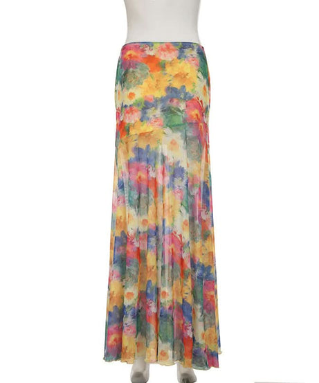 Vibrant Floral Mesh Maxi Skirt - Flowy Boho Chic for Fall & Resort Escapes