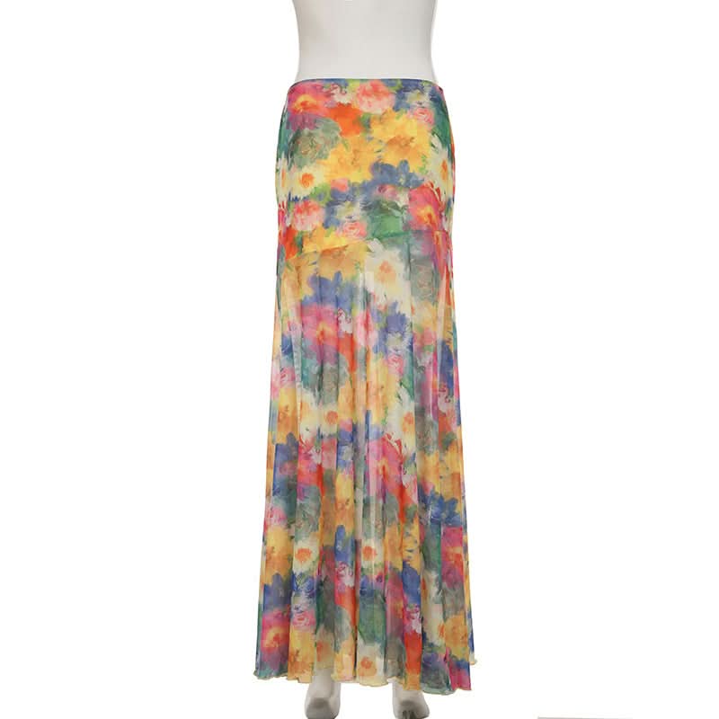 Vibrant Floral Mesh Maxi Skirt - Flowy Boho Chic for Fall & Resort Escapes