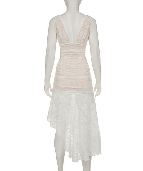 Elegant Ivory Lace Ruched High-Low Midi Dress – Bridal & Resort Chic