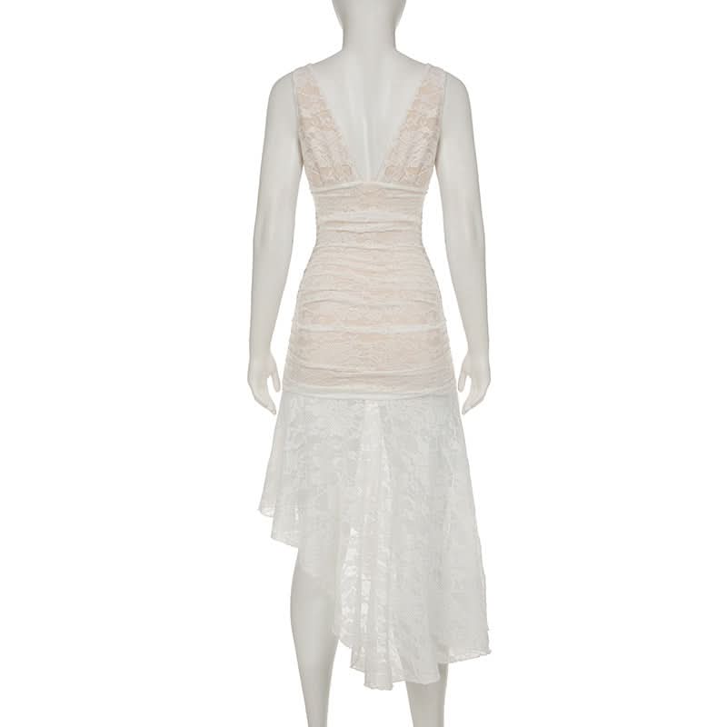 Elegant Ivory Lace Ruched High-Low Midi Dress – Bridal & Resort Chic