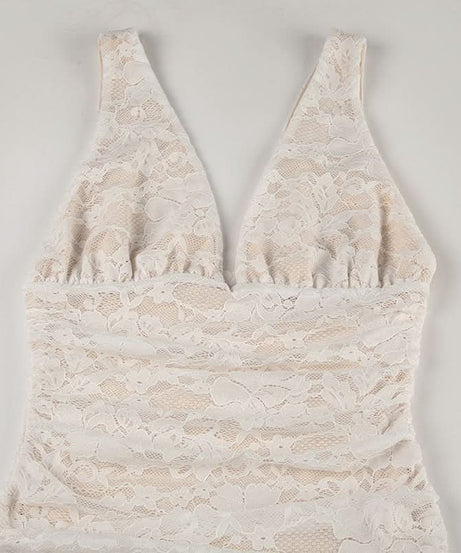 Elegant Ivory Lace Ruched High-Low Midi Dress – Bridal & Resort Chic