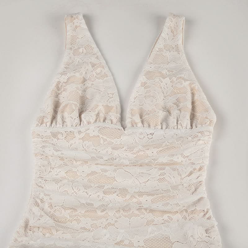 Elegant Ivory Lace Ruched High-Low Midi Dress – Bridal & Resort Chic