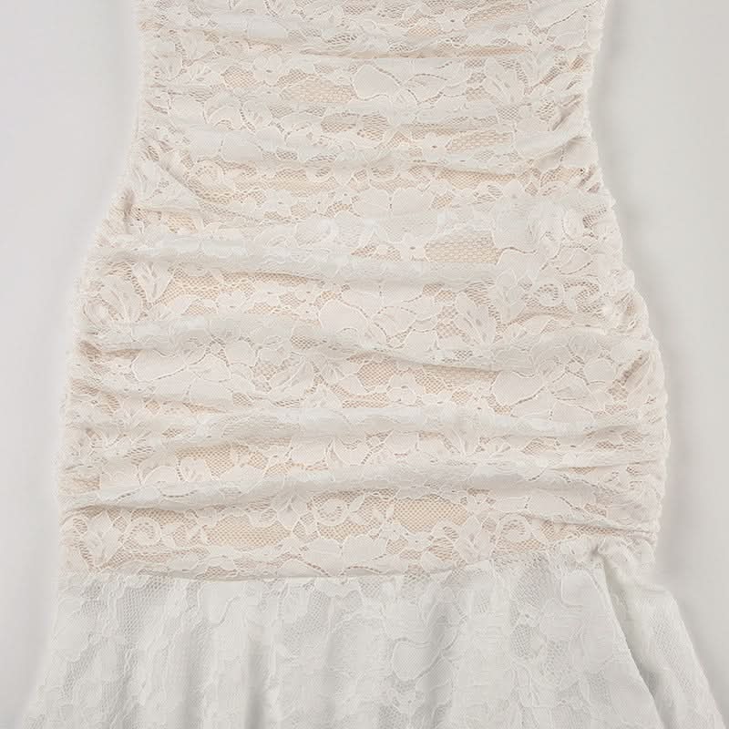 Elegant Ivory Lace Ruched High-Low Midi Dress – Bridal & Resort Chic