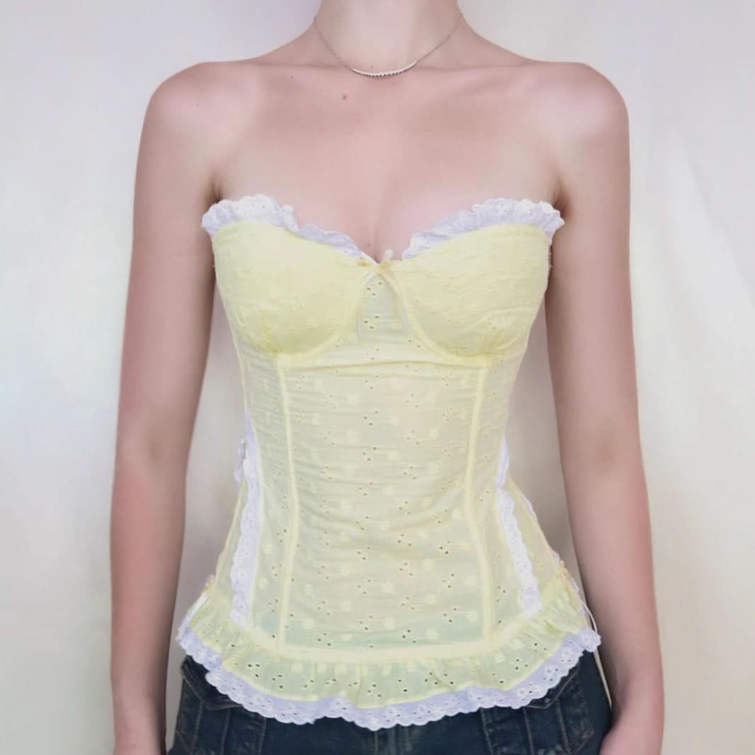 Dreamy Yellow Eyelet Bustier Top - Sweetheart Ruffle Corset for Chic Fall Style & Holiday Charm