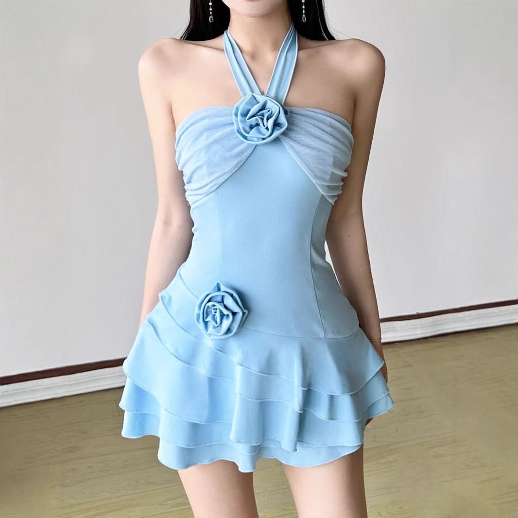 Chic Sky Blue Halter Mini Dress | Floral Ruffle Cocktail & Resort Wear for Women