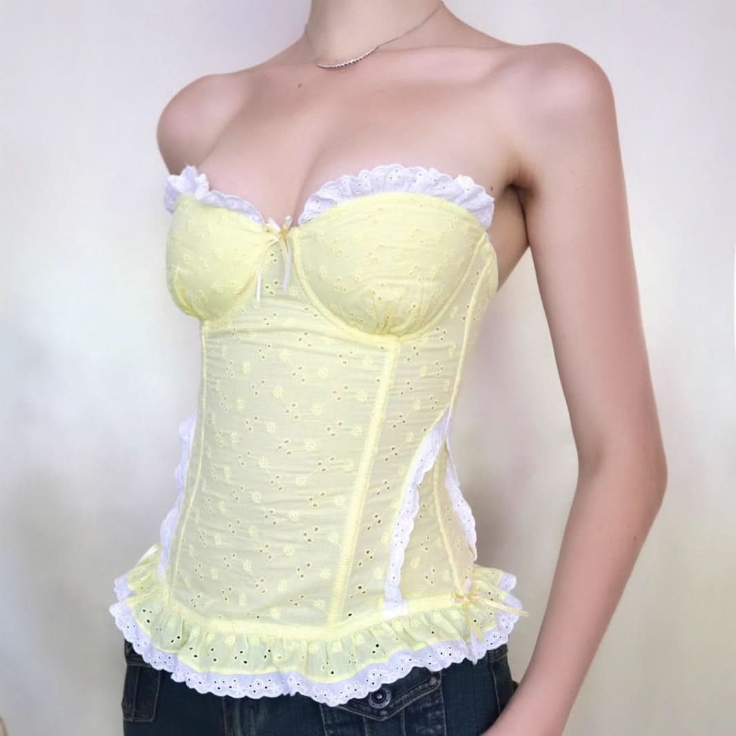 Dreamy Yellow Eyelet Bustier Top - Sweetheart Ruffle Corset for Chic Fall Style & Holiday Charm