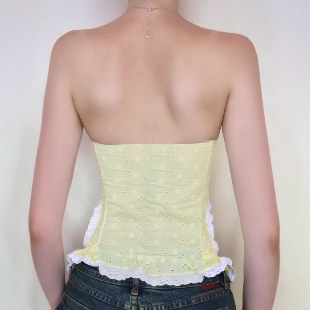 Dreamy Yellow Eyelet Bustier Top - Sweetheart Ruffle Corset for Chic Fall Style & Holiday Charm