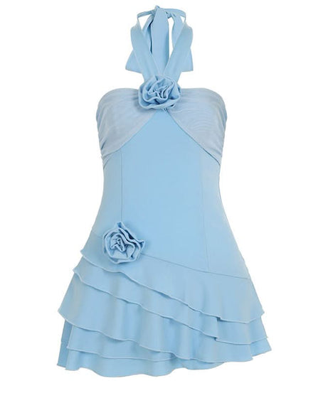 Chic Sky Blue Halter Mini Dress | Floral Ruffle Cocktail & Resort Wear for Women