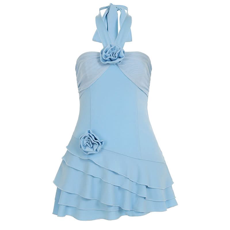 Chic Sky Blue Halter Mini Dress | Floral Ruffle Cocktail & Resort Wear for Women