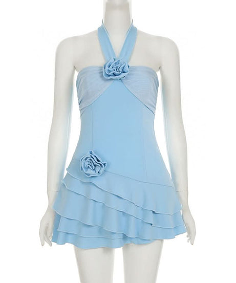 Chic Sky Blue Halter Mini Dress | Floral Ruffle Cocktail & Resort Wear for Women